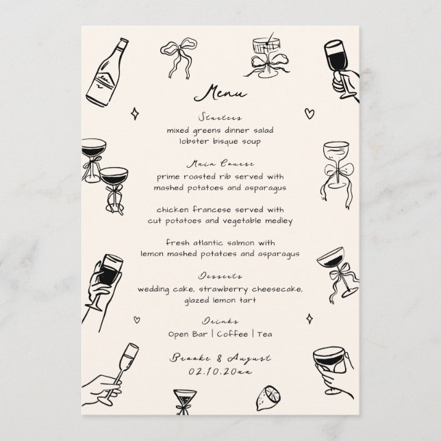 Menu Preto Whimsical Quirky Hand Drawn (Frente)