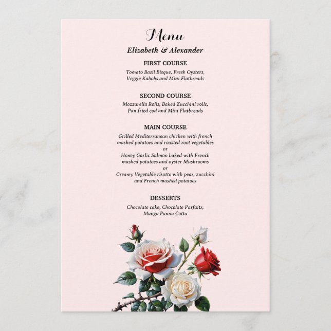 Menu Pretty pink white red roses floral wedding  (Frente)