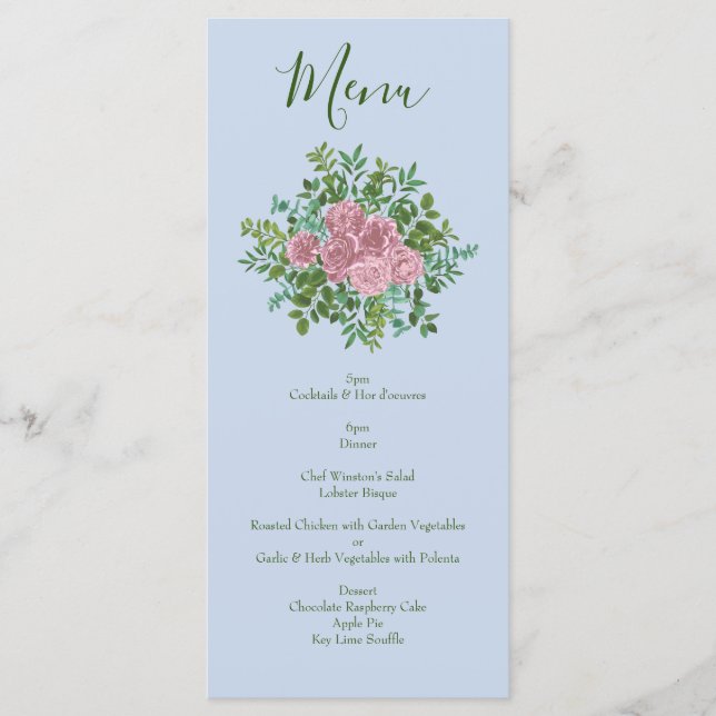Menu Primavera Floral Pastel de Casamento Azul e Rosa (Frente)