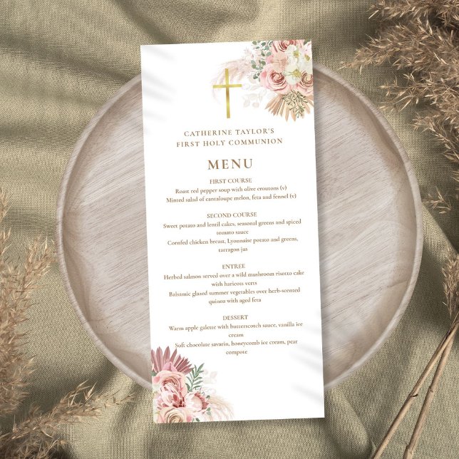 Menu Primeira Comunhão Floral de Grama das Pampas (Pampas Grass Floral First Holy Communion Menu)