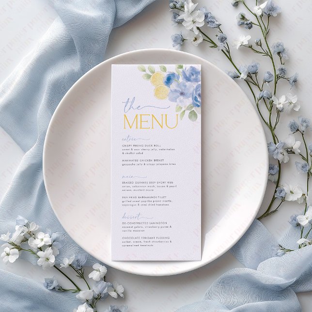 Menu Principal Espreme Flores Azuis Limão Chá de N (She found her main squeeze! Blue floral lemon citrus bridal shower menu)