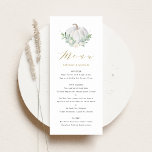 Menu Pumpkin branco de aquarela e Casamento outono verd<br><div class="desc">Adicione um sotaque de queda à sua capa de tabela com este cartão de menu personalizável. Apresenta abóbora branca de aquarela e verde com um padrão floral correspondente. Personalize este cartão de menu adicionando seus detalhes. Este cardápio de abóbora é perfeito para casamentos outono, chás de fraldas, chás de panela,...</div>