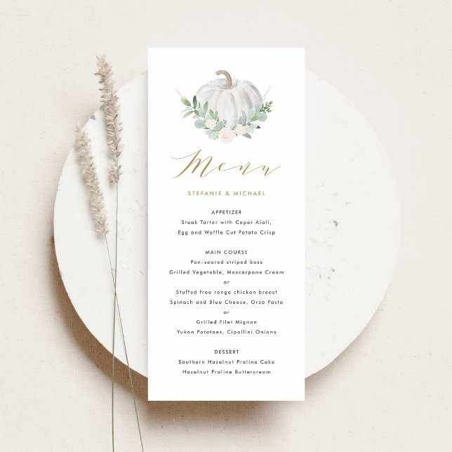 Menu Pumpkin branco de aquarela e Casamento outono verd (Criador carregado)