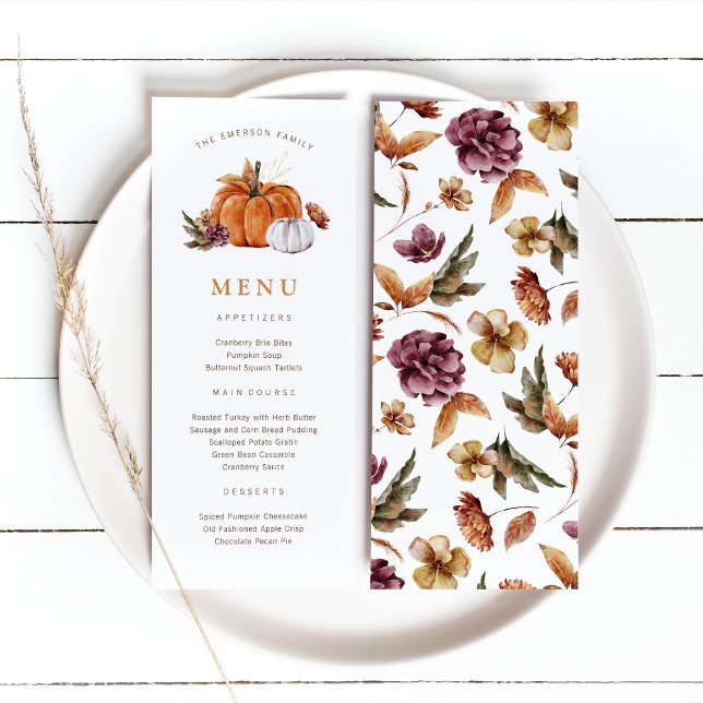 Menu Pumpkin de Ação de Graças (Rustic fall harvest Thanksgiving Pumpkin Menu, watercolor autumn florals by Painted Paperie
)