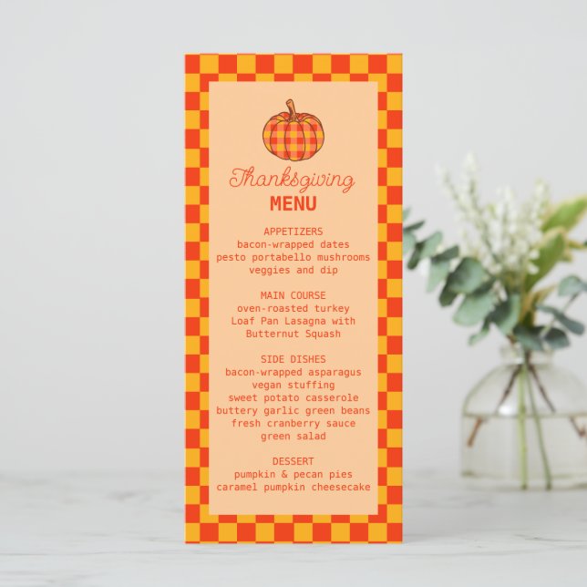 Menu Pumpkin de Xadrez de Groovy Retro Verificado no Aç (Em pé/Frente)
