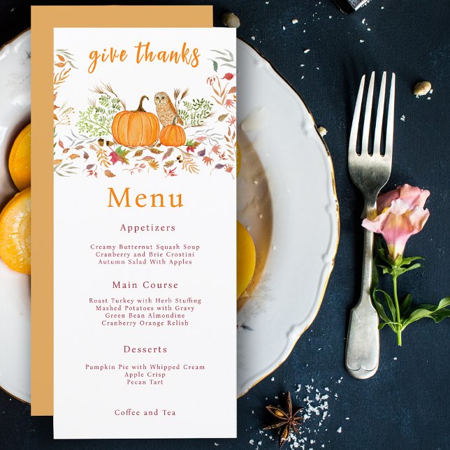 Menu Pumpkin E Coruja De Aquarelas No Outono (Criador carregado)