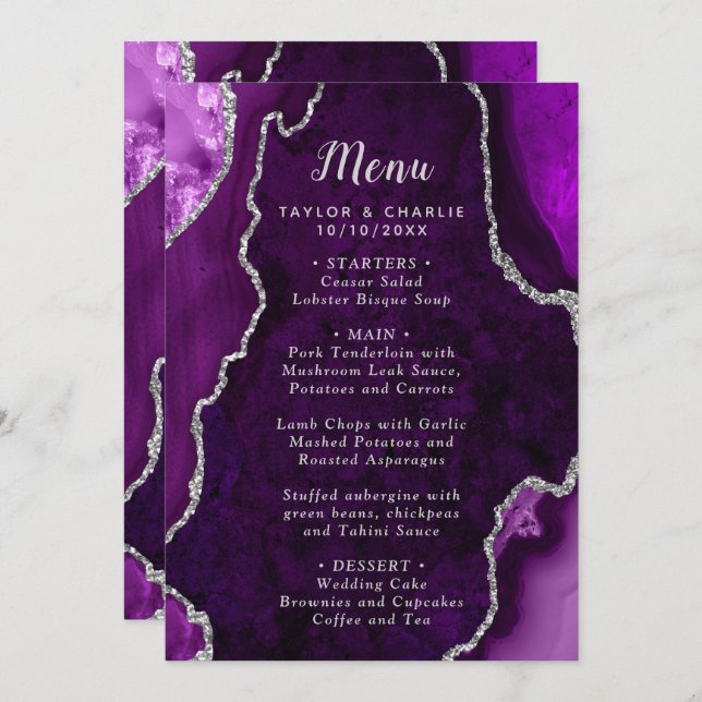 Menu Purple and Silver Agate Marble Wedding (Frente/Verso)