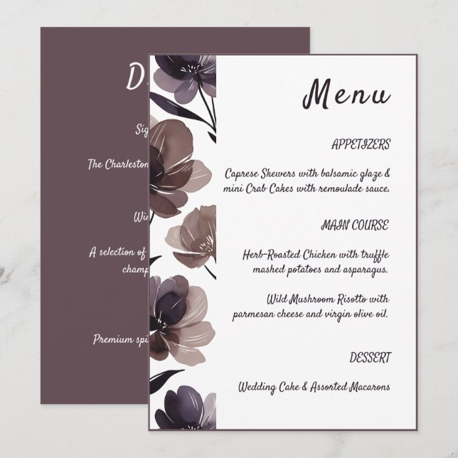 Menu Purple Floral Botanical Wedding (Frente/Verso)