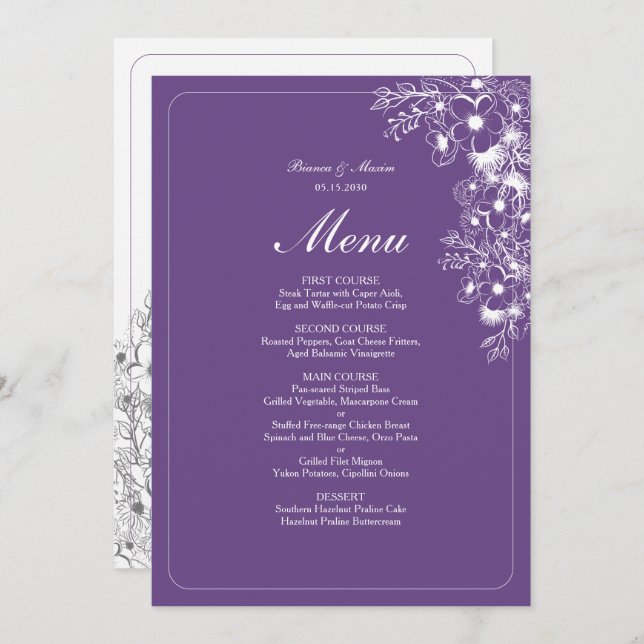 Menu Purple Floral Elegant Wedding (Frente/Verso)