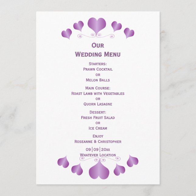 Menu Purple Hearts Design Wedding (Frente)