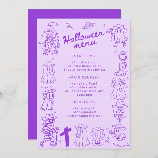 Menu Purple Quirky Halloween Desenhou Doodles De Mão Ro (Frente/Verso)