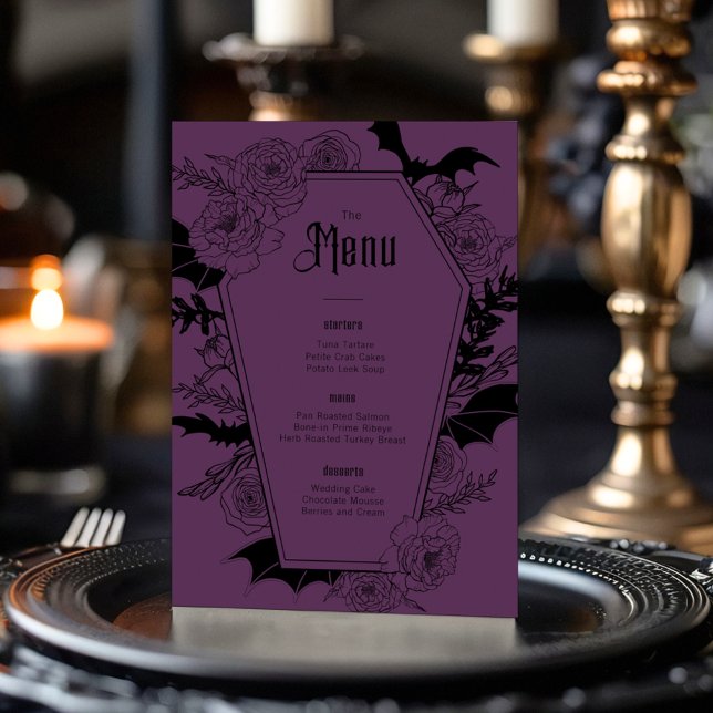 Menu Púrpura de Casamento Floral Gótica Elegante (Criador carregado)