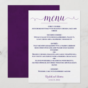 Menu Púrpura Elegante Simples e Azul Marinho no Casame