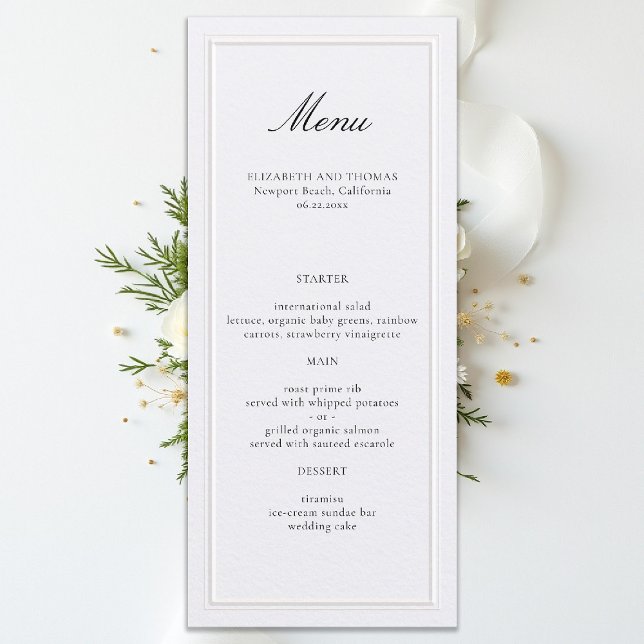 Menu Quadro Clássico Moderno Formal Pérola Casamento El (formal wedding menu modern classic pearl white double frame calligraphy)