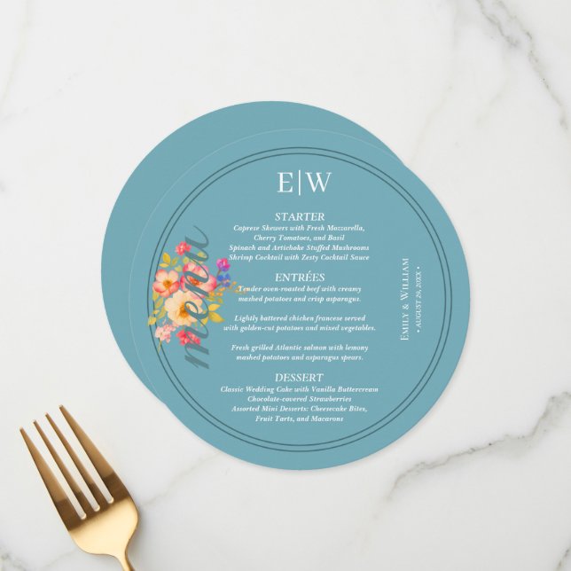 Menu Quadro com Rosas, estilo de casamento em azul (Frente/Verso In Situ)