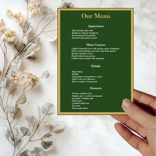 Menu Quadro Dourado Elegante sobre Janto Casamento Verd (Criador carregado)