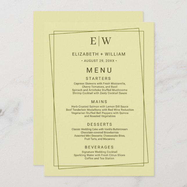 Menu Quadro Elegante no Casamento do Monograma Amarelo  (Frente/Verso)