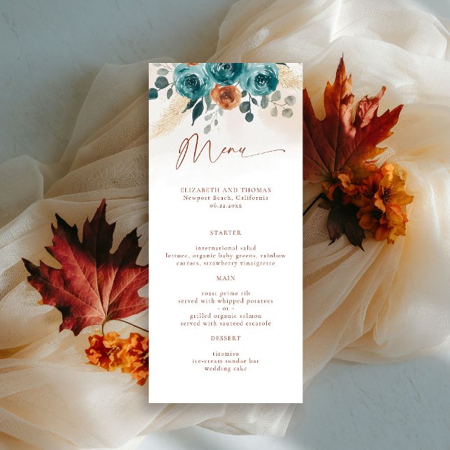 Menu Queda Rosas de laranja queimados em pó Aquarela (fall in love wedding menu teal burnt orange terracotta watercolor floral botanical earthy)