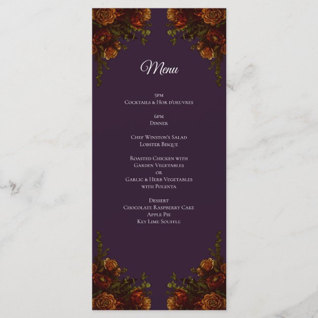 Menu Queda Roxo Laranja Rústico Casamento Elegante Góti (Frente)