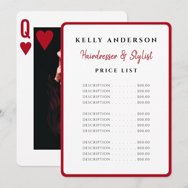 Menu Queen of Hearts Red Photo Services Hairdresser (Frente/Verso)