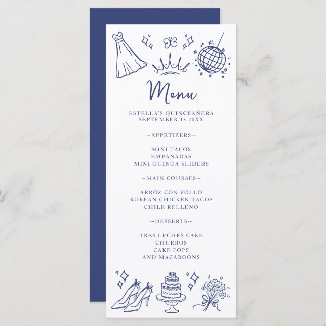 Menu Quinceanera Butterflies Floral Azul Moderno Branco (Frente/Verso)