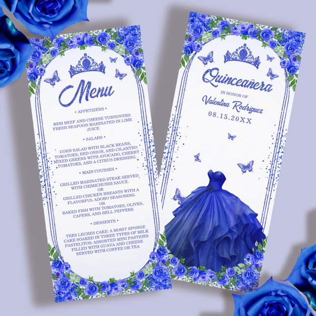Menu Quinceanera Floral Dourada Real Azul (Royal Blue Gold Glitter Floral Quinceanera Menu)