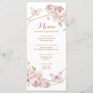Menu Quinceañera Geométrica Dourada Elegante Rosa