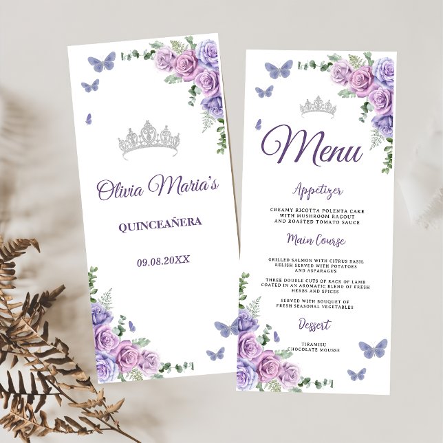 Menu Quinceañera Purple Lilac Floral Tiara Borboletas (Criador carregado)