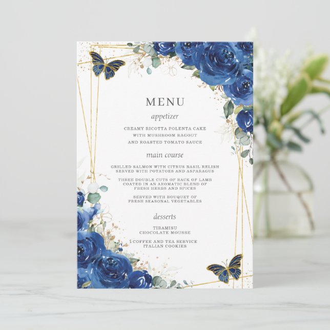 Menu Quinceanera Royal Blue Floral Butterflies (Em pé/Frente)