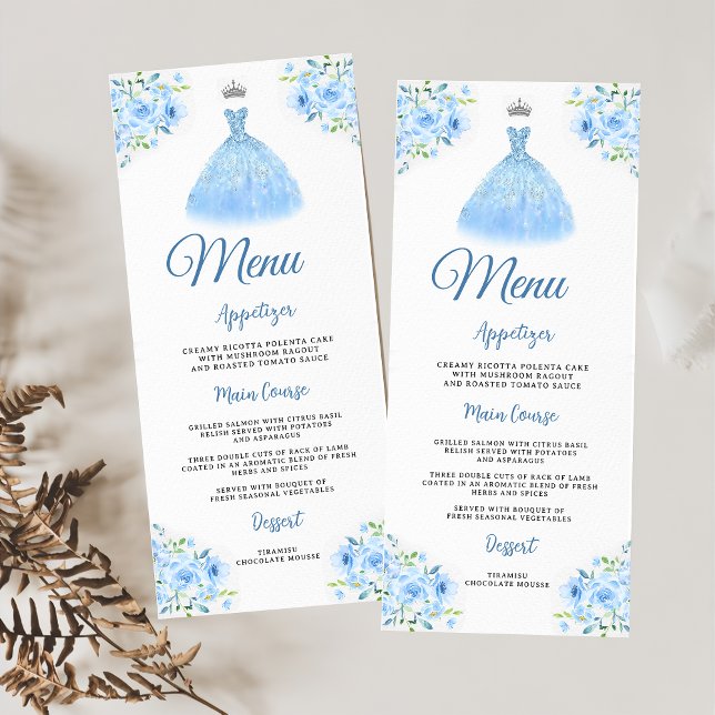 Menu Quinceanera Silver Blue Floral (Criador carregado)