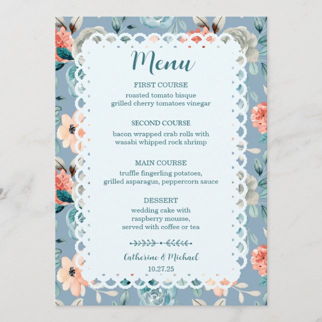 Menu Raio Floral Azul Dusty | Caligrafia decorativa (Frente)
