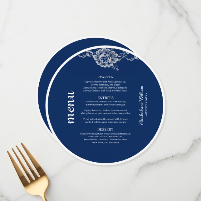 Menu Raios Florais Elegantes no Casamento Azul Marinho (Frente/Verso In Situ)