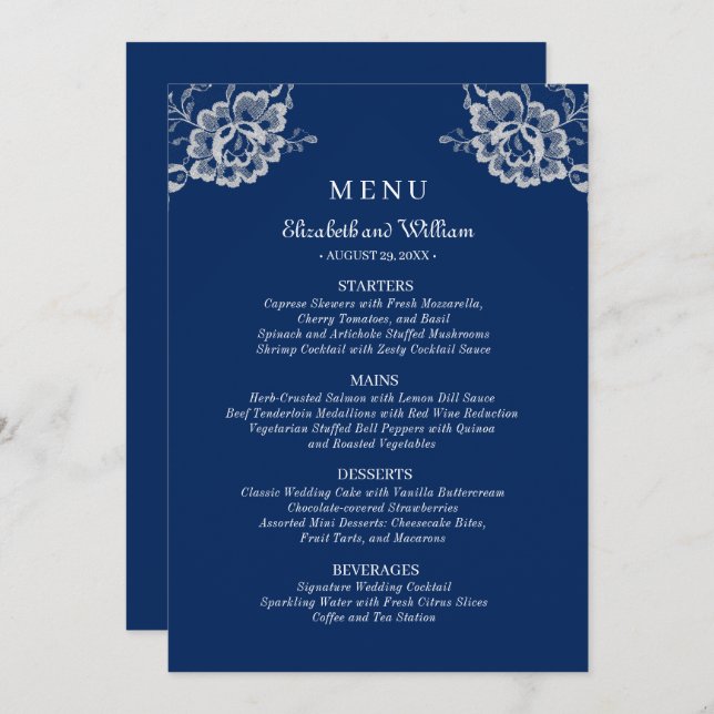 Menu Raios Florais Elegantes no Casamento Azul Marinho (Frente/Verso)