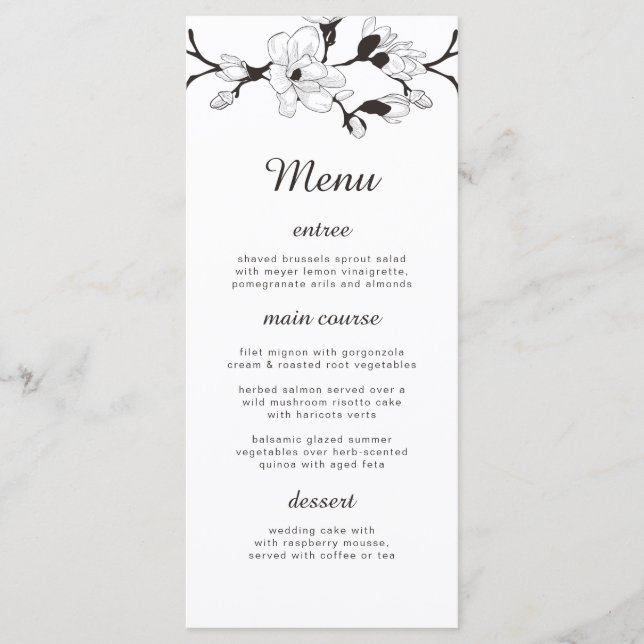 Menu Ramo simples elegante. Casamento preto e branco (Frente)