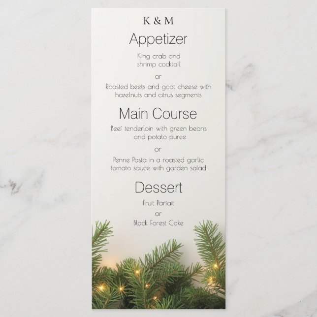 Menu Ramos de Pinheiro e Luzes de Natal Jantar Elegante (Frente)
