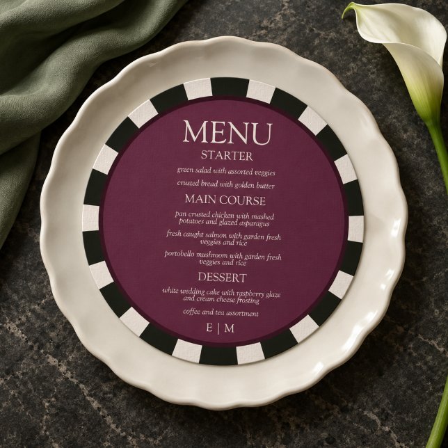Menu Raspberry Preto e Branco Listrado Cardápio de Casa (Raspberry Black & White Striped Round Wedding Menu)
