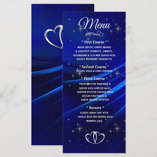 Menu Real Blue Diamantes e Corações de Casamento (Frente/Verso)