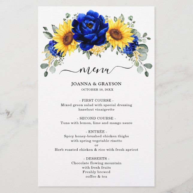 Menu Real Blue Rustic Sunflower Modern Wedn (Frente)