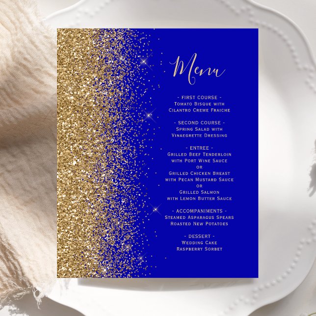 Menu Real de Casamento Dourado com Glitter Azul (Criador carregado)