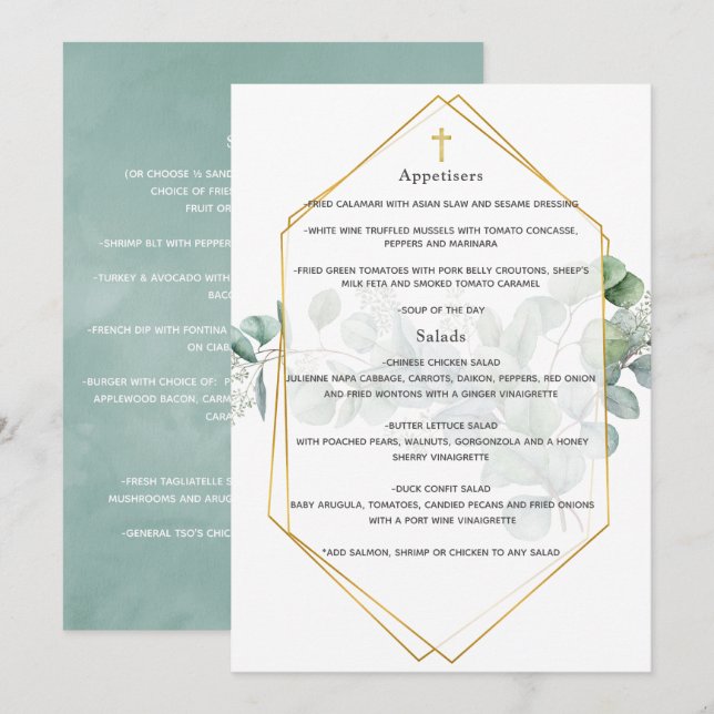 Menu Recepção de Batismo Geométrico de Eucalipto em Aqu (Frente/Verso)