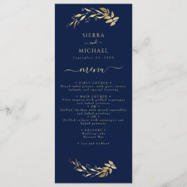 Menu Recepção de casamento azul de folhas Dourada Elega