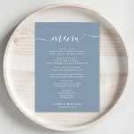 Menu Recepção de casamento Azul Dusty de Script Elegant<br><div class="desc">Menu de janto de recepção de casamento azul empoeirado com "menu" em um roteiro de caligrafia branca com baloiços, seu menu personalizado em uma simples tipografia branca, seus primeiros nomes unidos por um coração e sua data de recepção.</div>