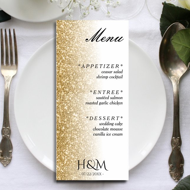 Menu Recepção de casamento branca e Dourada do Janto de (white and gold glitter ombre wedding menu)