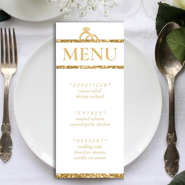 Menu Recepção de casamento brilhante Dourada (White & Gold Glitter Wedding Reception Menu)