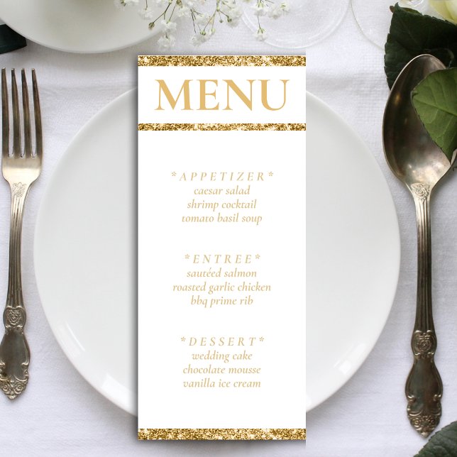Menu Recepção de casamento brilhante Dourada (White & Gold Glitter Wedding Reception Menu)