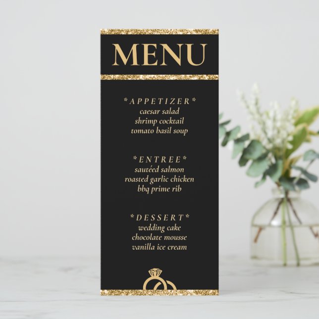 Menu Recepção de casamento brilhante Dourada e preta (Em pé/Frente)