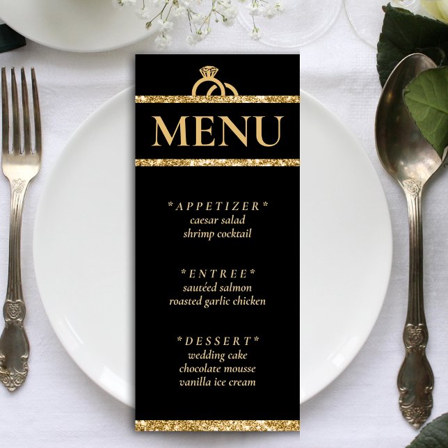 Menu Recepção de casamento brilhante Dourada e preta (Black & Gold Glitter Wedding Reception Menu)