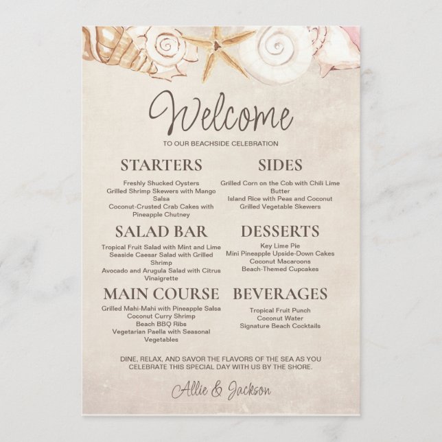 Menu Recepção de Casamento Casual na Praia com Conchas  (Frente)
