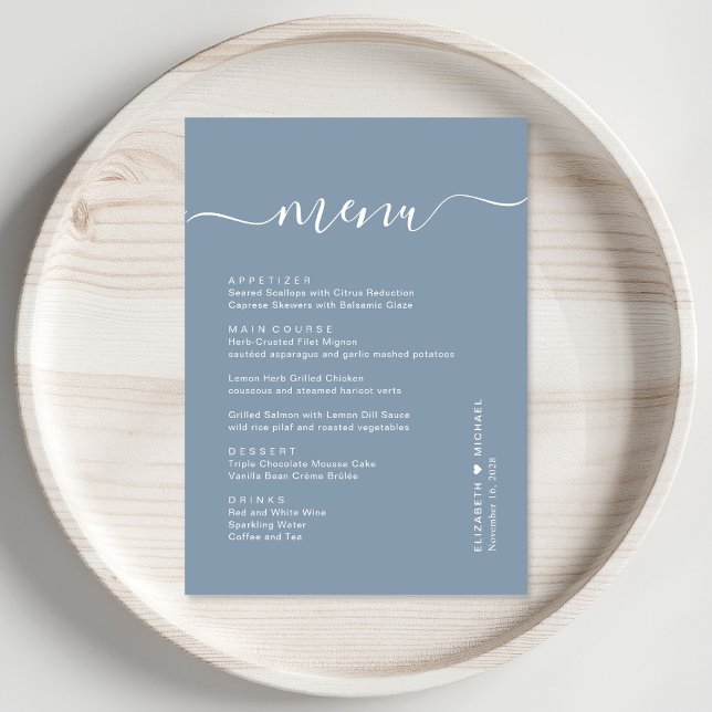 Menu Recepção de Casamento Chic Script Azul Poeirento (Criador carregado)
