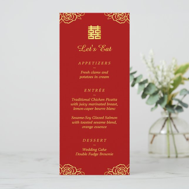 Menu Recepção de casamento chinês vermelho dourado flor (Em pé/Frente)